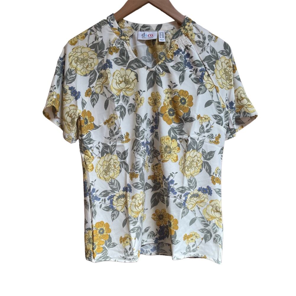 Denim &‎ Co Yellow/ Ivory/ Blue Floral Blouse Stretch Size XXS Oversized Fit